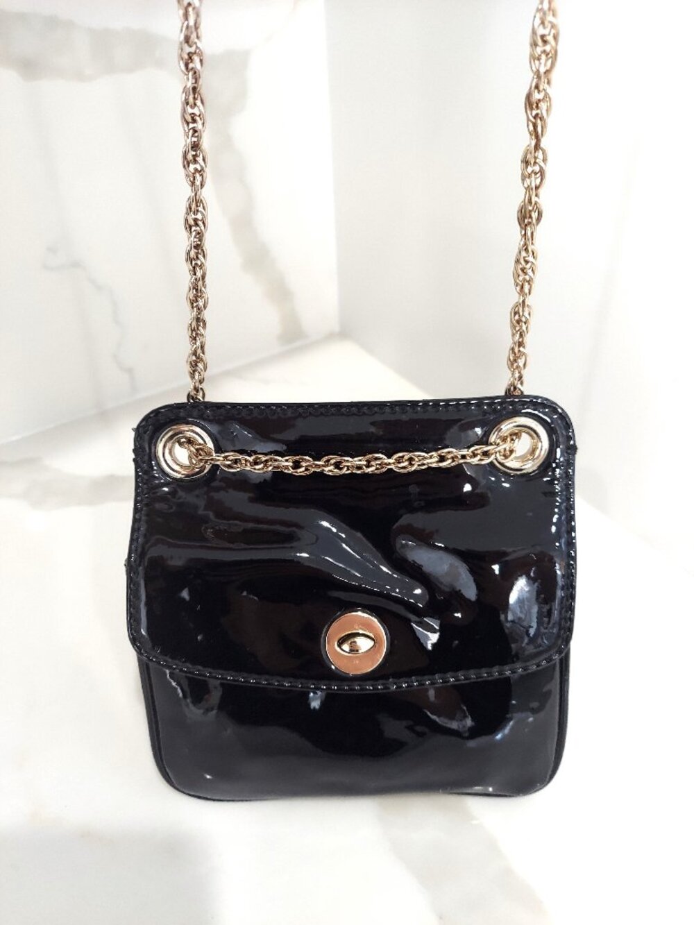 Classy TALBOTS Crossbody Purse Black Patent Leather & Gold Chain